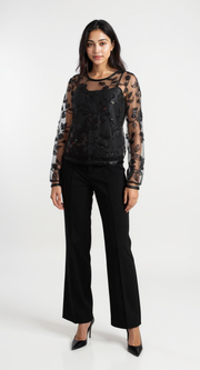 Fiafia Black Embroidered Net Top – Elegance in Every Thread