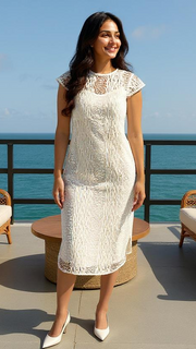 Fiafia Elegant White Lace Midi Dress