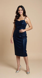 Fiafia Blue Glitter Midi Sheath Dress – Glamorous Party Wear One Piece for Women