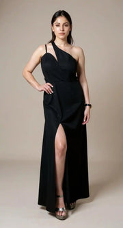 Fiafia Black Asymmetric One-Shoulder Party Wear Dress for Women