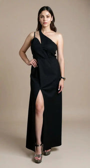 Fiafia Black Asymmetric One-Shoulder Party Wear Dress for Women