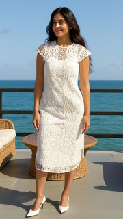 Fiafia Elegant White Lace Midi Dress