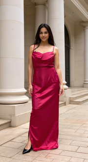 Fiafia Women’s Premium Satin Cowl Neckline Party Wear Maxi Dress