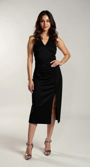 Fiafia Black Asymmetrical Halter Midi Sheath Dress – Party Wear One Piece Dress for Women