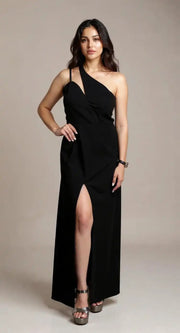Fiafia Black Asymmetric One-Shoulder Party Wear Dress for Women