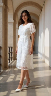 White Embroidered Soft Net Party Wear One Piece Dress
