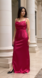 Fiafia Women’s Premium Satin Cowl Neckline Party Wear Maxi Dress