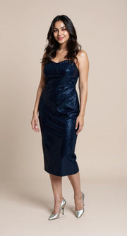 Fiafia Blue Glitter Midi Sheath Dress – Glamorous Party Wear One Piece for Women