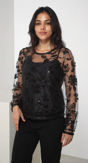 Fiafia Black Embroidered Net Top – Elegance in Every Thread
