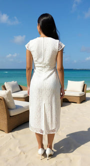 Fiafia Elegant White Lace Midi Dress