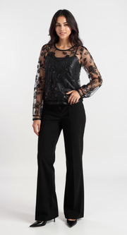 Fiafia Black Embroidered Net Top – Elegance in Every Thread