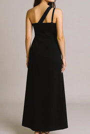 Fiafia Black Asymmetric One-Shoulder Party Wear Dress for Women