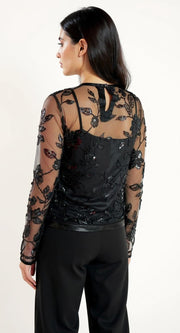 Fiafia Black Embroidered Net Top – Elegance in Every Thread