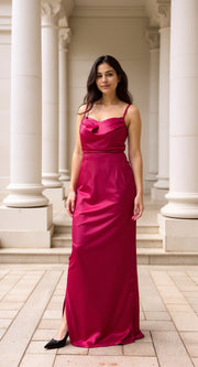 Fiafia Women’s Premium Satin Cowl Neckline Party Wear Maxi Dress