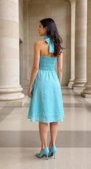 Aqua Twist-Front Halter Dress – Silk Blend Elegance