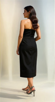 Fiafia Black Asymmetrical Halter Midi Sheath Dress – Party Wear One Piece Dress for Women