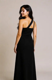 Fiafia Black Asymmetric One-Shoulder Party Wear Dress for Women