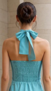 Aqua Twist-Front Halter Dress – Silk Blend Elegance