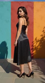 Fiafia Luxe Satin Black One-Piece Party Dress
