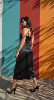 Fiafia Luxe Satin Black One-Piece Party Dress