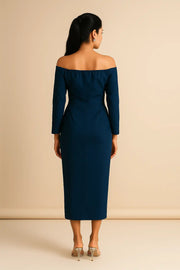 Fiafia Blue Midi Sheath Wrap Dress