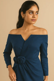 Fiafia Blue Midi Sheath Wrap Dress