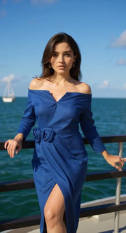 Fiafia Blue Midi Sheath Wrap Dress