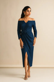 Fiafia Blue Midi Sheath Wrap Dress