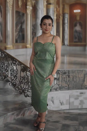 Green Silk Blend Midi Sheath Dress